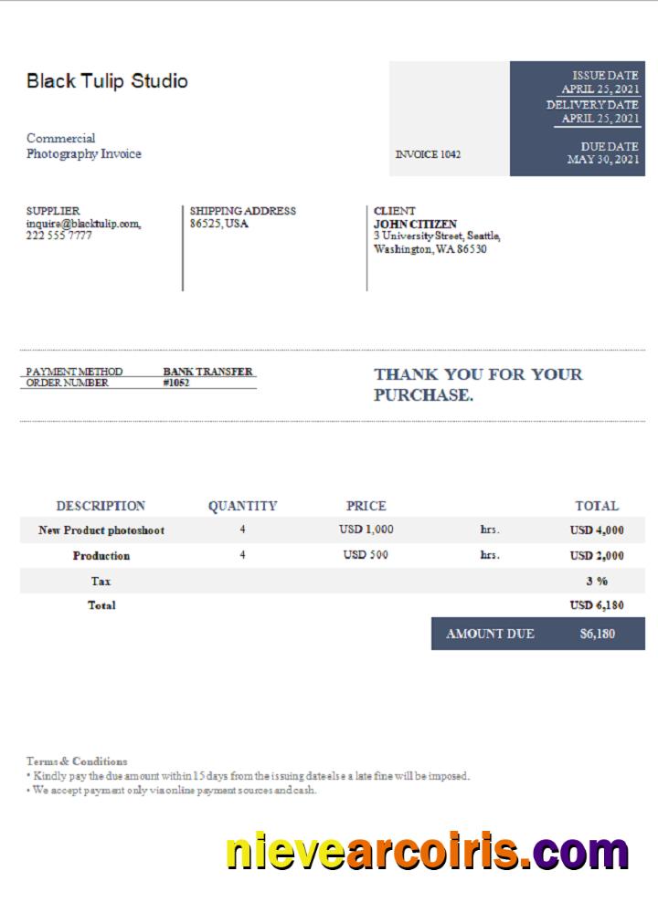 USA Black Tulip Studio invoice